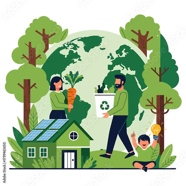 Fototapeta A family is shown caring for the planet with a house powered by solar panels, recycling, and growing organic food.