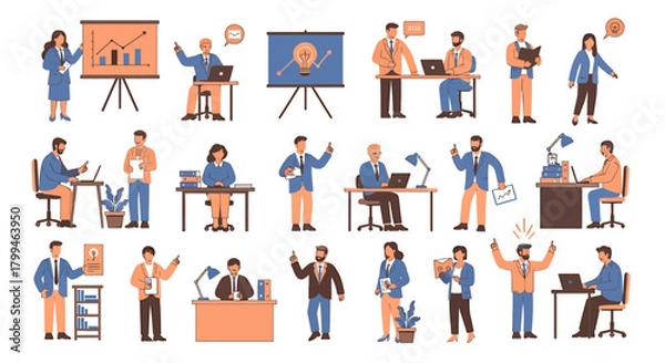 Fototapeta A diverse collection of flat design business characters illustrating corporate workflow, office scenes, and professional teamwork