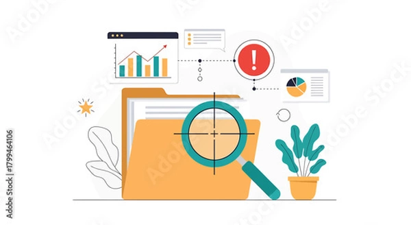 Fototapeta Illustration of a folder with a magnifying glass, charts, and an alert symbol, representing data analysis.