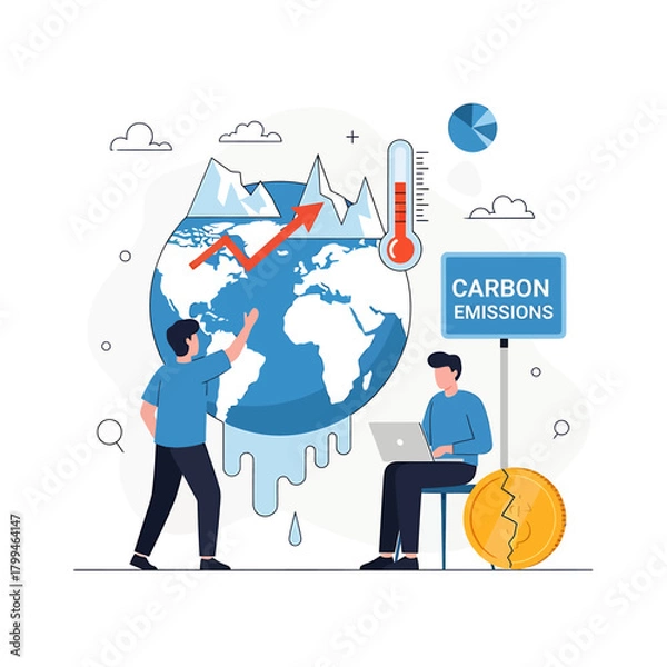 Fototapeta Vector illustration depicting the concept of climate change, with a melting Earth, rising temperatures, and the impact of carbon emissions.