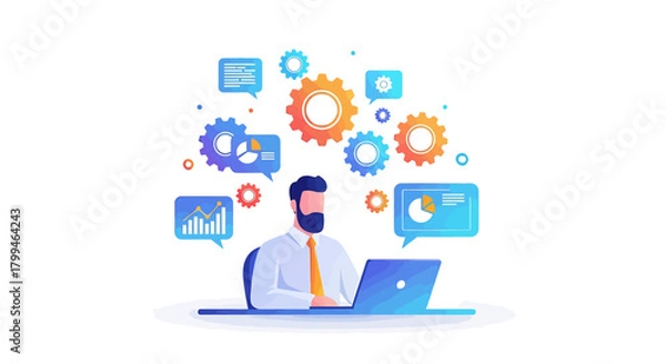 Fototapeta A professional businessman sitting at his desk working on a laptop, surrounded by gears and charts, illustrating business process management and data analysis concepts