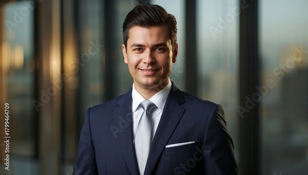 Obraz Professional businessman in formal suit with urban backdrop at sunset