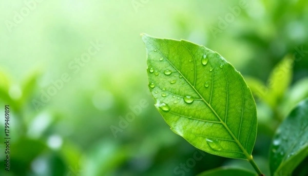 Obraz Verdant leaf glistens with fresh dewdrop detail, soft bokeh background, natural purity and growth concept