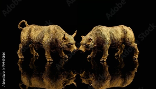 Obraz Golden Bull and Bear Statues Symbolizing Market Competition and Trends
