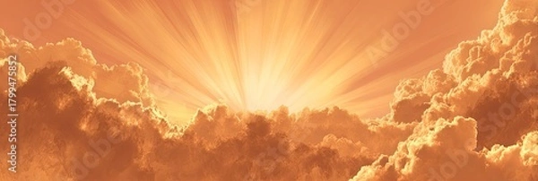 Fototapeta Ethereal warm glow radiates from behind dense clouds, creating a heavenly atmosphere