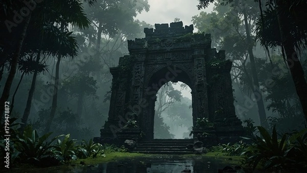 Fototapeta Lost temple gateway hidden by jungle mis