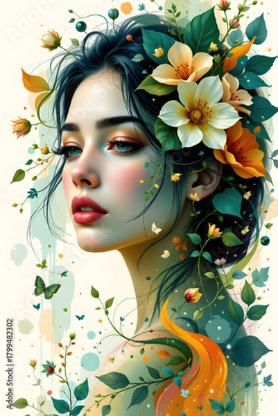 Fototapeta Abstract Portrait Woman with Floral Elements