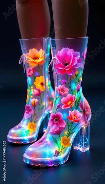 Fototapeta Futuristic Transparent Hologram Boots with Digital Flowers