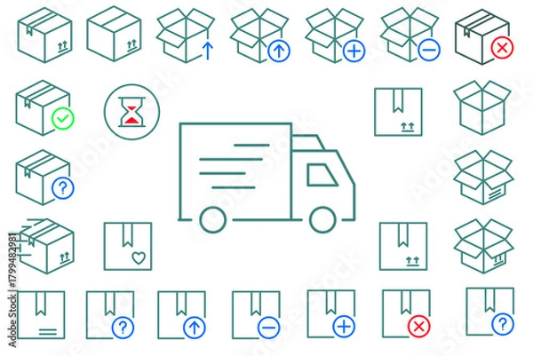 Fototapeta Shipping and Delivery Box Icon Set – Logistics, Packaging, Courier, Parcel Line Icons Collection