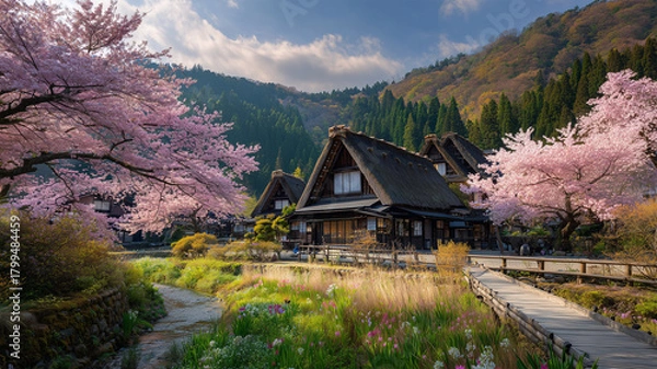 Fototapeta 鮮やかな桜が咲き誇る、茅葺古民家に囲まれた里山の春景色
