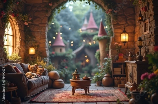 Obraz Fantasy cat realm with castle towers, fairy lights, and magic-themed decor Generative AI