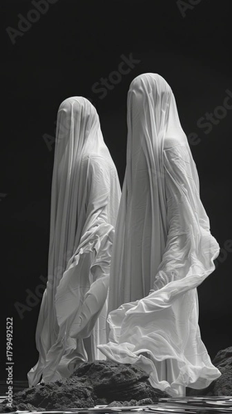 Fototapeta Surreal Artistic Scene Portraying Floating Phantom Shapes in Deep Shadow Space