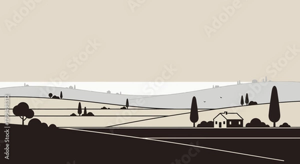 Obraz Vector art illustration of a tranquil rural countryside scene with a farmhouse, rolling hills, and a road leading to the horizon