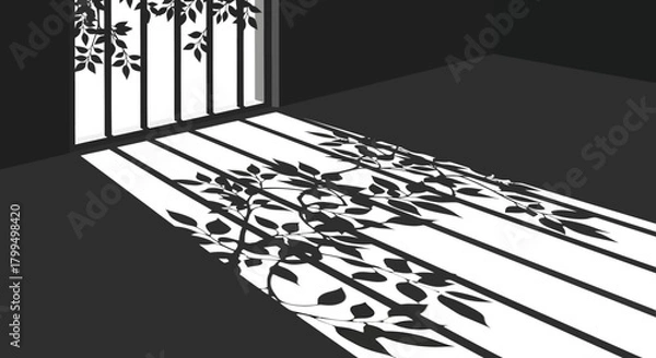 Fototapeta A minimalist depiction of an empty room where sunlight through a barred window creates a play of light and organic leaf shadows