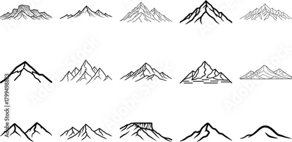 Obraz Collection of distinct line art mountain peak illustrations set.