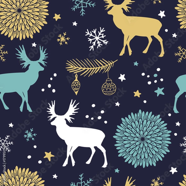 Fototapeta vector seamless pattern with trees, deers and flowers
