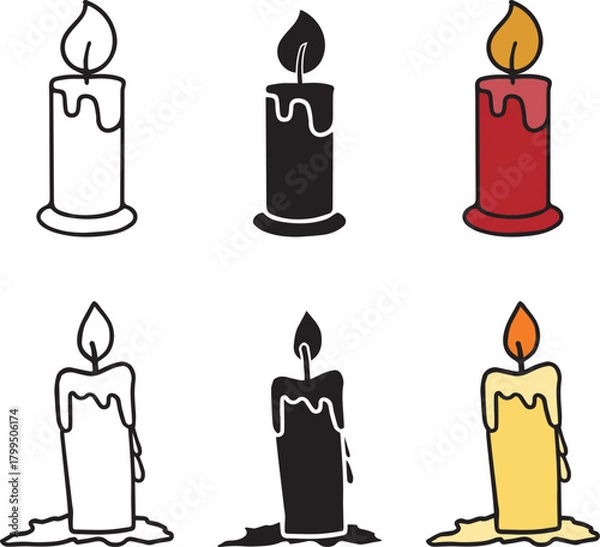 Obraz Burning candle light stands set outline, silhouette, flat design. Black candle icon vector illustration isolated on white background.