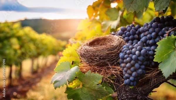 Obraz Bird Nest Among Ripe Black Grapes In Vineyard
