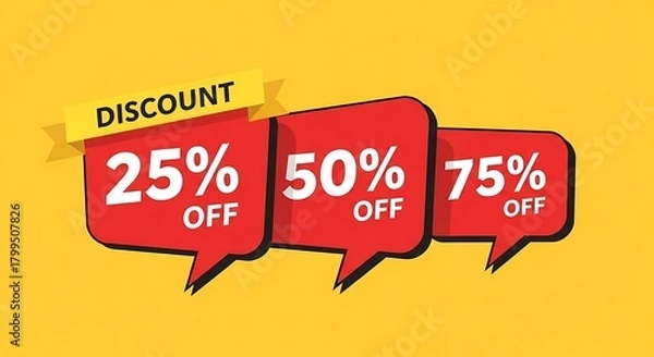 Obraz Photo of discount offer with 25, 50 and 75 percent off on yellow background for promotion