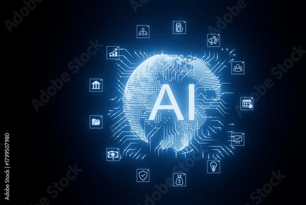 Fototapeta Global impact of artificial intelligence represented by digital world map and icons in blue tones