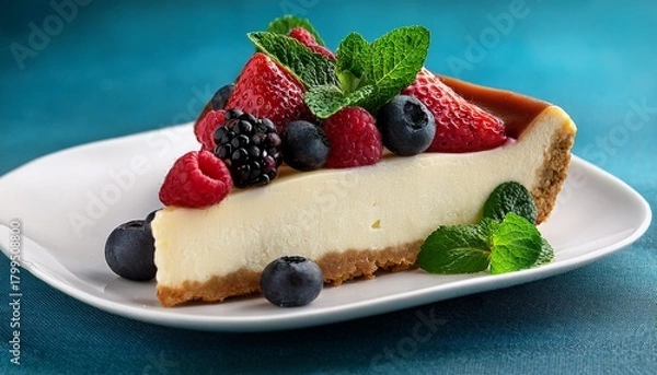 Fototapeta Slice Of Cheesecake Topped With Berries And Mint
