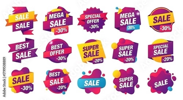 Obraz Photo of collection of colorful sale stickers with different shapes isolated on white background
