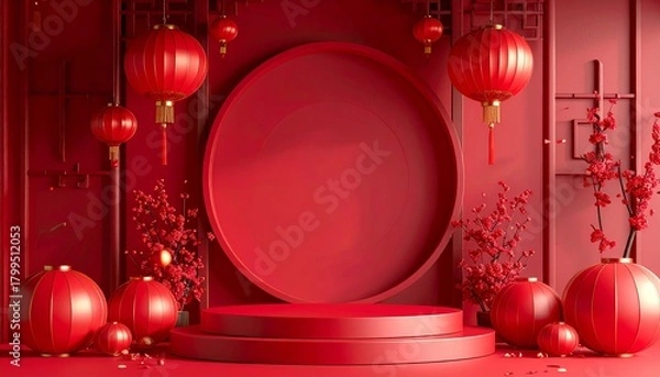 Obraz Chinese New Year festive mockup with red and gold palette, lanterns, fireworks, plum blossoms, Chinese knots, elegant paper-cut style, high-detail background for banners, posters, and social media