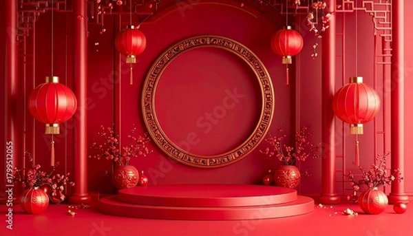 Obraz Chinese New Year festive mockup with red and gold palette, lanterns, fireworks, plum blossoms, Chinese knots, elegant paper-cut style, high-detail background for banners, posters, and social media