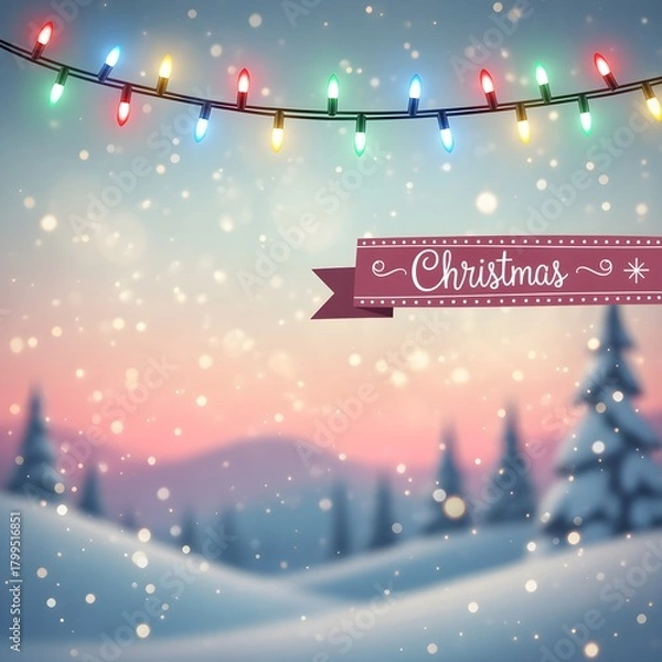 Fototapeta A creative rephrasing of glowing multicolor Christmas light string with neon red, green, blue, and yellow bulbs, gently illuminating over a soft snowy pastel Christmas background, subtle bokeh