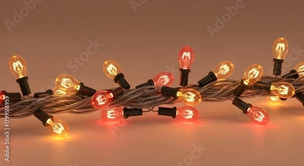 Fototapeta Isolated twisted fairy light rope with warm neon gradient bulbs, high-clarity transparent cutout, no drop shadows, realistic glow maintained, Christmas decoration element.