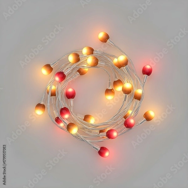 Fototapeta A refined, engaging variation of isolated twisted fairy light rope with warm neon gradient bulbs, high-clarity transparent cutout, no drop shadows, realistic glow maintained, Christmas decoration