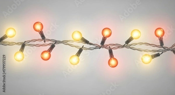 Fototapeta A creative rephrasing of isolated twisted fairy light rope with warm neon gradient bulbs, high-clarity transparent cutout, no drop shadows, realistic glow maintained, Christmas decoration element