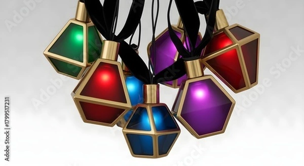 Fototapeta A creative rephrasing of luxury art deco Christmas lights: geometric-shaped bulbs (triangles, hexagons) in brushed gold settings, glowing with deep jewel tones. Suspended from a black velvet ribbon