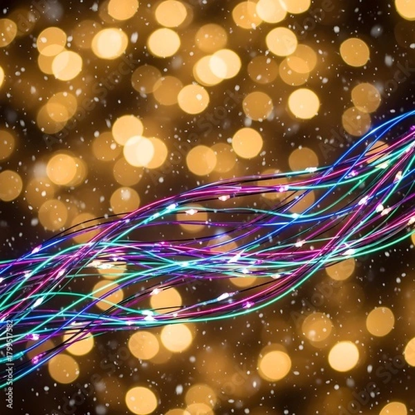 Fototapeta A creative rephrasing of neon fairy lights arranged in a flowing diagonal pattern with soft golden bokeh Christmas background, gentle snowfall overlay, immersive glowing festive atmosphere, focused