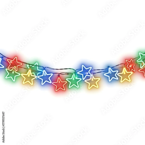 Fototapeta A refined, engaging variation of neon star bulbs connected with thin glowing wire, multicolor red-green-blue-yellow illumination, dreamy holiday sparkle effect, horizontal banner composition