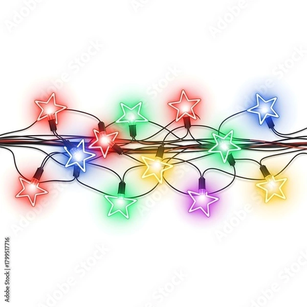 Fototapeta A creative rephrasing of neon star bulbs connected with thin glowing wire, multicolor red-green-blue-yellow illumination, dreamy holiday sparkle effect, horizontal banner composition, isolated white