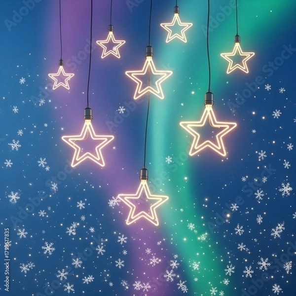 Fototapeta A refined, engaging variation of neon star bulbs twinkling against a deep twilight blue background, with a gradient suggesting the aurora borealis. Delicate, glittering snowflakes float in the