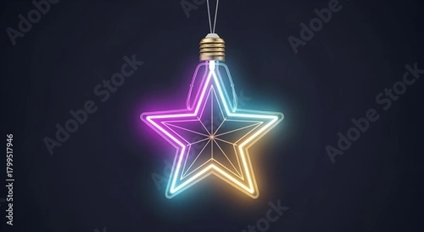 Fototapeta Opulent neon star-shaped Christmas bulbs glowing in royal purple, icy blue, and golden white; metallic chrome string; luxury luminous halo; isolated transparent object for upscale holiday designs.