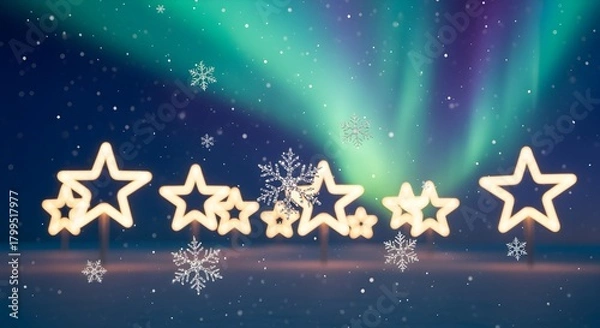 Fototapeta A creative rephrasing of neon star bulbs twinkling against a deep twilight blue background, with a gradient suggesting the aurora borealis. Delicate, glittering snowflakes float in the foreground
