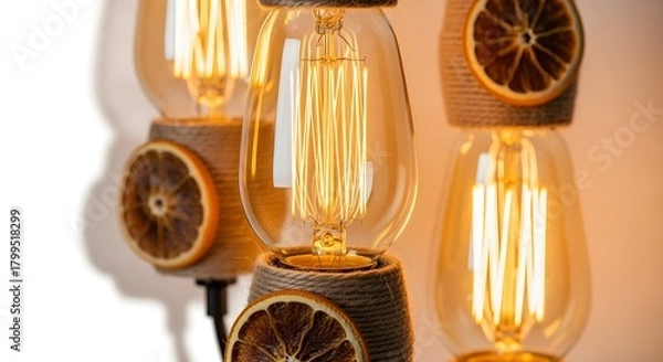 Fototapeta A creative rephrasing of rustic farmhouse lights: Edison-style vintage bulbs in clear glass with visible filaments, glowing a warm amber. Wrapped with natural jute twine and dried orange slices