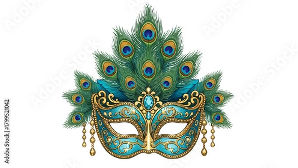Obraz Ornate peacock feather masquerade mask with gold trim and jewels