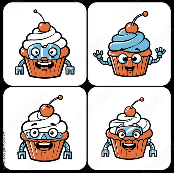 Fototapeta Cartoon rocket characters with flames and smiles,  Cute space rocket mascots with stars around,  Playful launch characters for kids designs