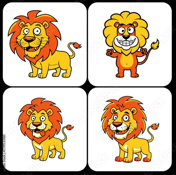 Obraz Four cartoon laptops with faces and keyboards,  Cute computer mascots showing different moods,  Playful tech device characters for kids