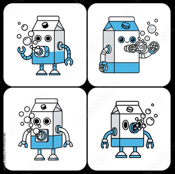 Fototapeta Four funny milk carton robots with blue liquid inside,  Cute mechanical drink box characters with hoses and bubbles,  Playful robot mascots shaped like milk containers