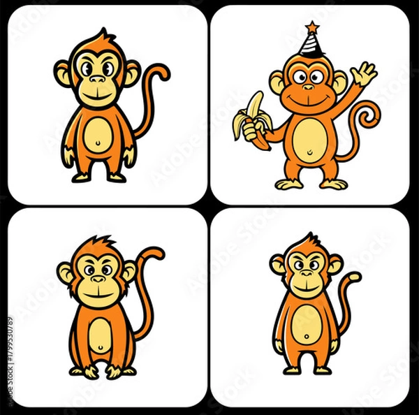 Obraz Four playful cartoon monkeys holding bananas,  Funny jungle monkey characters in different poses,  Cute banana loving monkeys for kids designs