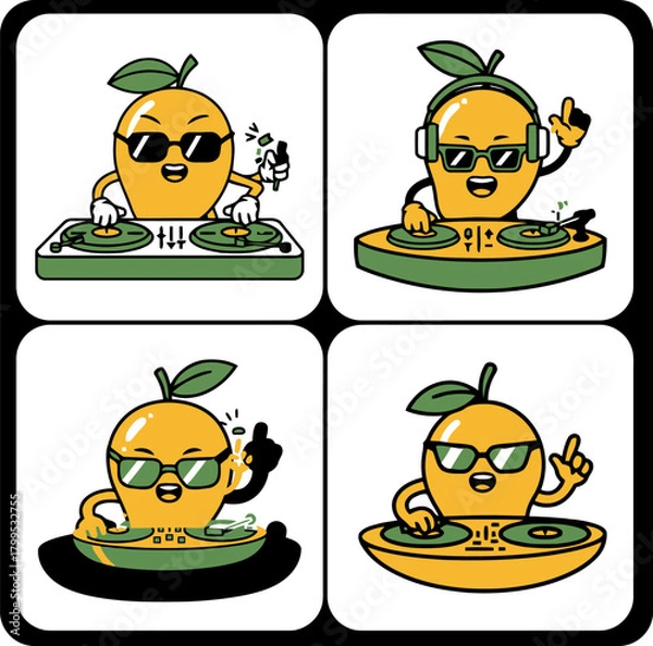 Obraz Four cartoon smartphones with faces and apps,  Cute phone characters showing different moods,  Playful mobile device mascots in emoji style