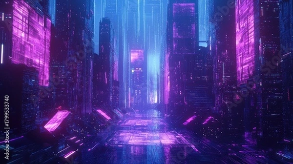 Obraz Futuristic neon city street with glowing digital data streams