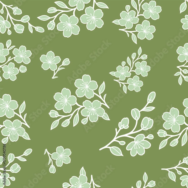 Obraz Olive Green Cherry Blossom Seamless Pattern
