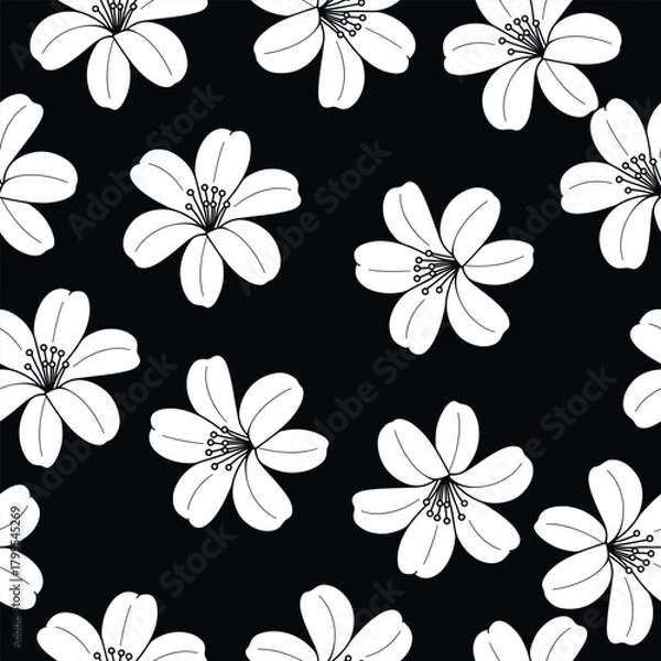 Obraz Seamless White Outline Floral Pattern on Black Background
