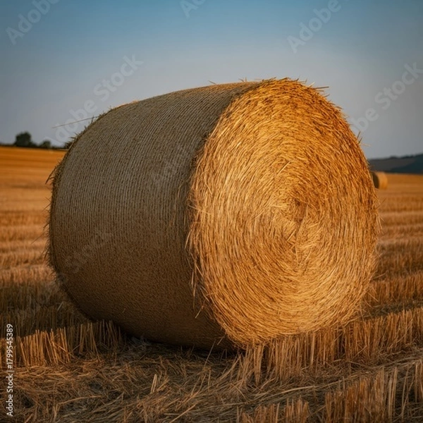 Obraz Golden hour illuminates a large round hay bale in a harvested field